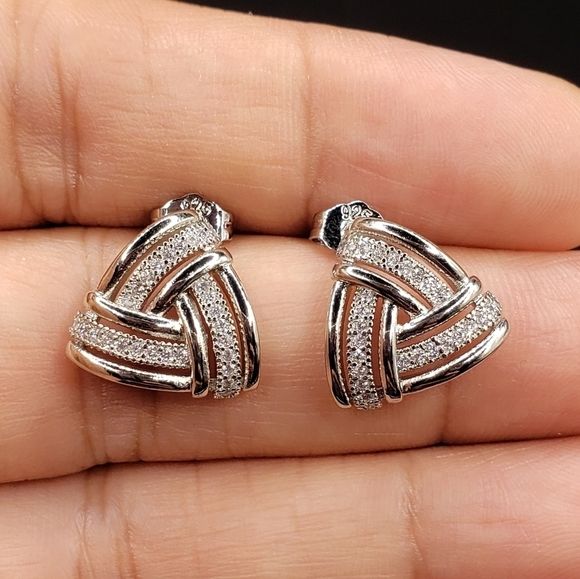 Sterling Silver S925 Triangle Knot Stud Earrings Classic Femenine Glam - Picture 1 of 5